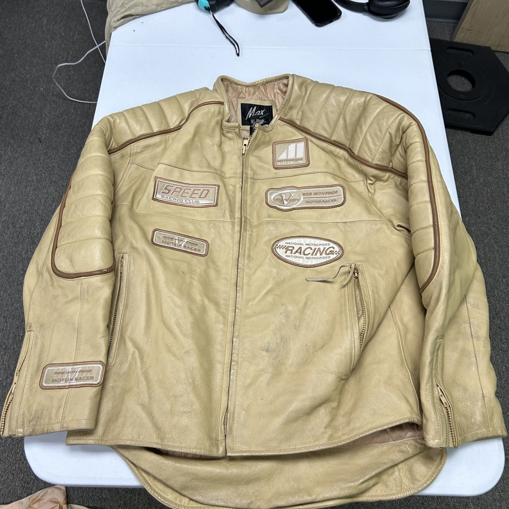 Max USA Leather Racing Jacket Mens XL Cream Motocross Patch Biker Padded Zip